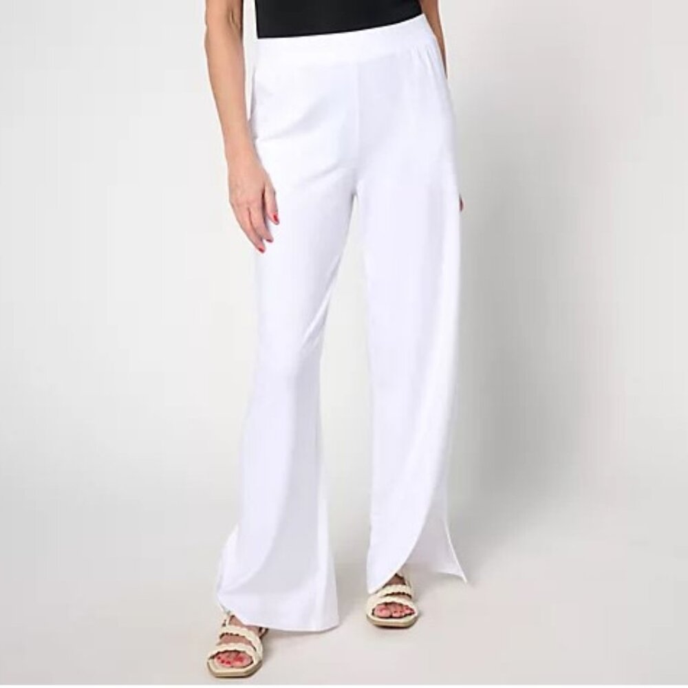 Denim & Co. Beach Jersey Regular Wide Leg Pant With Slits White